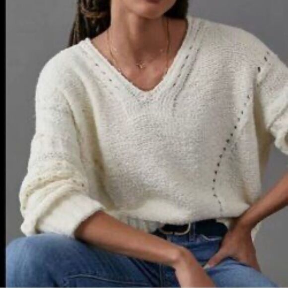 Anthropologie Pilcro Marla Ivory V-Neck Cropped Oversized Sweater XS-M - Picture 1 of 9